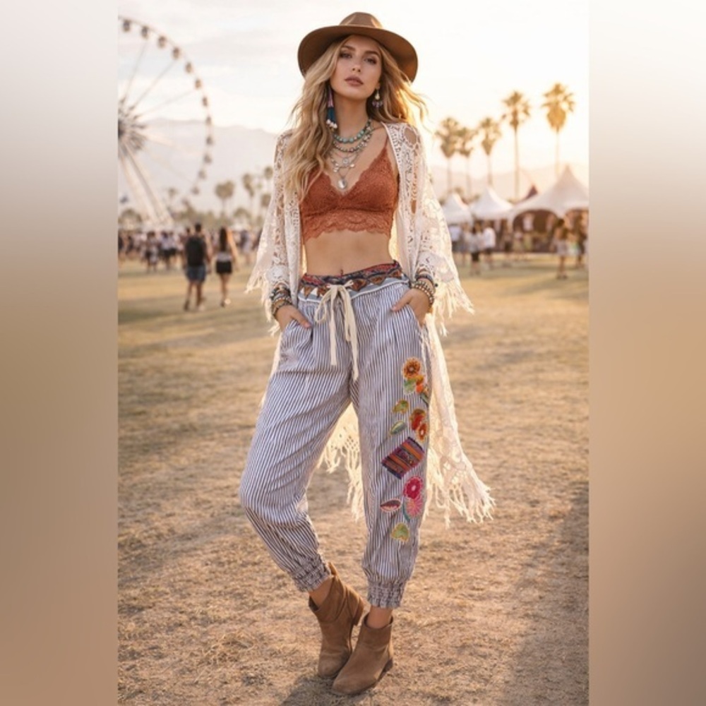Desigual Boho Embroidered Patch Striped Jogger Pants Size 30 Festival Art Pants